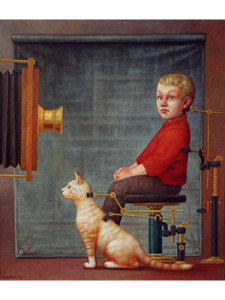 Boy with cat in front of camera obscura