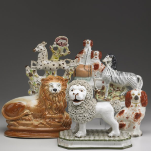 Staffordshire 6 animal figurines cat, frog, pig, Meiji period 19th c.