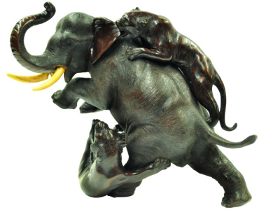 Japanese bronze elephant and 2 tigers